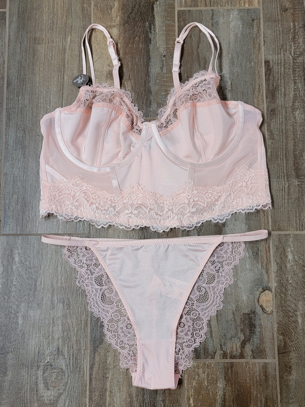 NEW Womens Pink Lingerie Lace Sheer Corset Panty 2 Pc Set FairyCore Whimsy Sexy